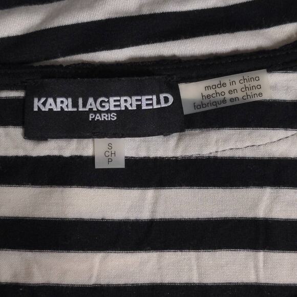 Karl Lagerfeld Womens T-Shirt Black Striped Cap Sleeve Scoop Neck Stretch Lace S - Picture 6 of 9